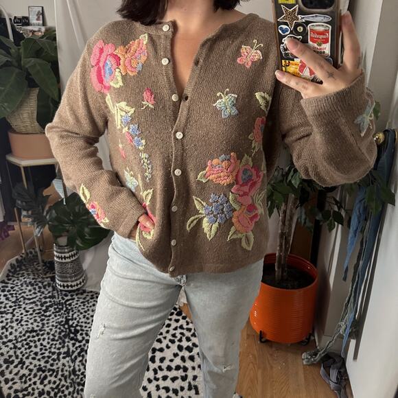 Vintage Y2K Embroidered Floral Button Up Cardigan Brown Size Large - Picture 1 of 8
